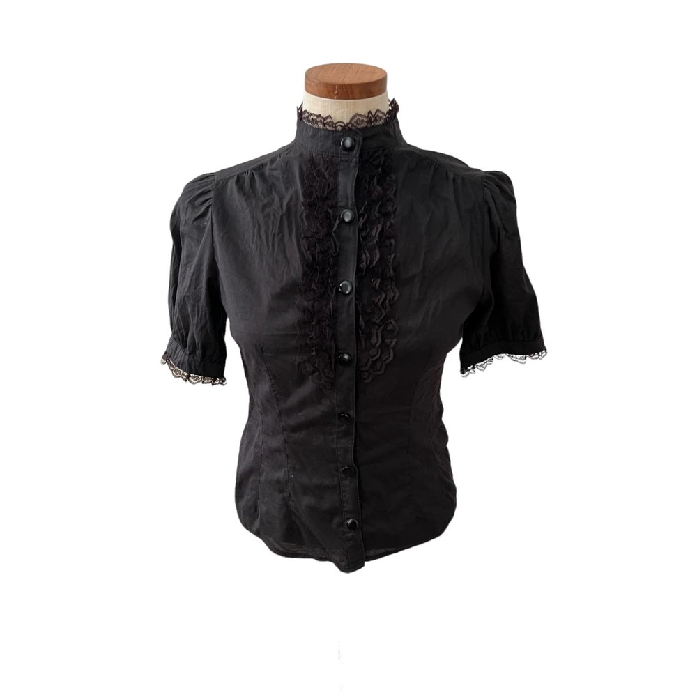 Vintage 80s Black Steampunk Victorian Gothic high neck puff sleeve top